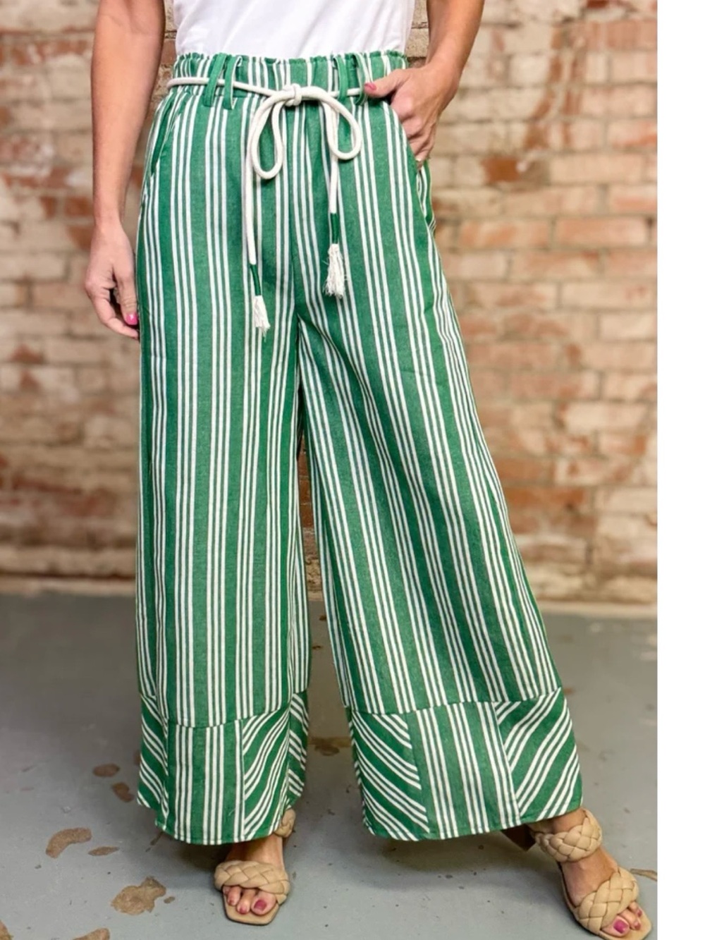 Easel Wide Leg Green Stripe Paperbag Waist Pants